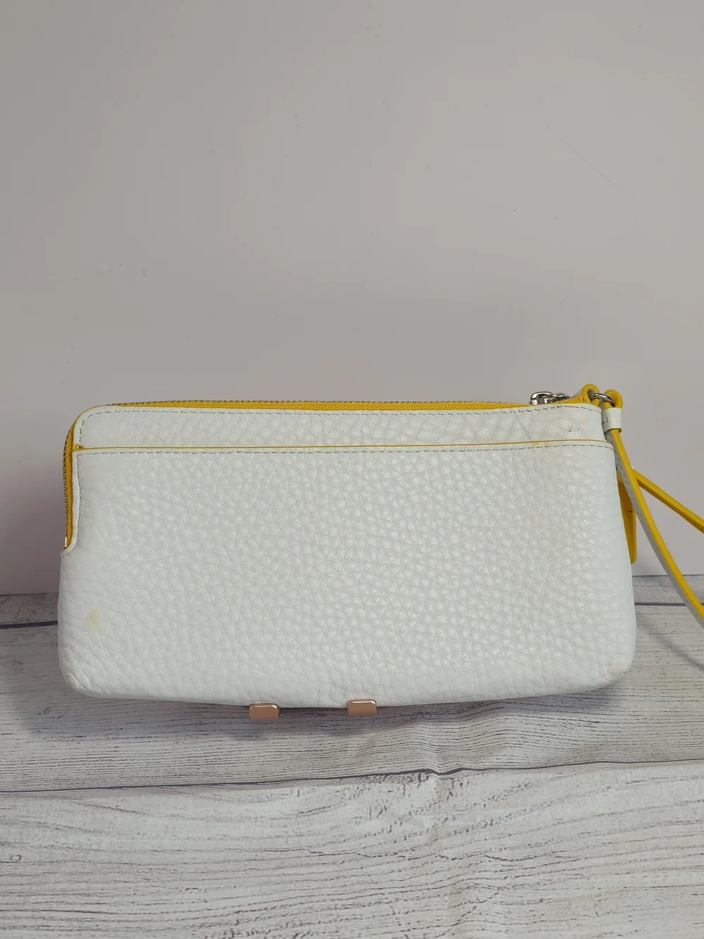 Coach Bleecker Edgepaint Leather Double Zip Wristlet Wallet in White/Sunglow